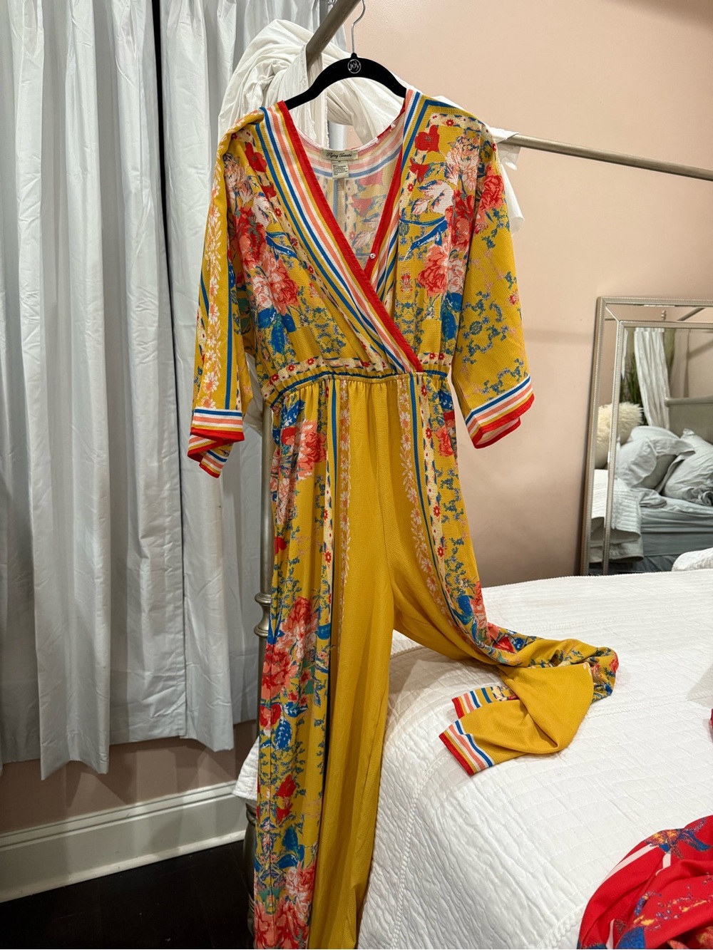 Flying Tomato Yellow Floral Wrap jumpsuit with Red & Blue Accents